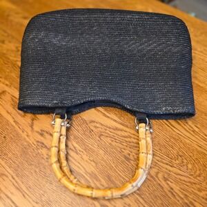 Chic Black Woven Straw Tote Purse Bag Bamboo Handles Resort Beach Vacation 90s